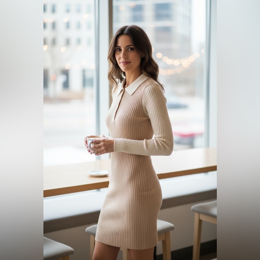 Blue Blush Two-Tone Ribbed Polo Sweater Dress - Dusty Pink & Cream